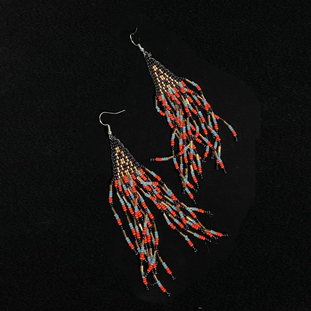 Red, Black, Blue & Gold Fringe Hand Beaded Earrings
